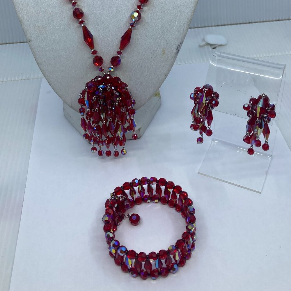 RARE SHERMAN red siam crystal tassel bracelet  necklace